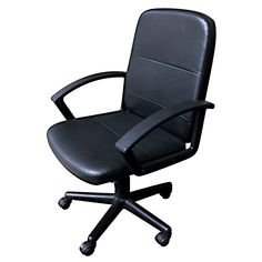 an office chair with black leather upholstered seat and arm rests on casteors