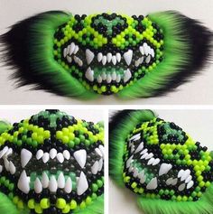 the green and black beaded monster's head is shown