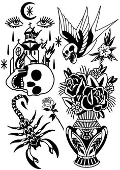 black and white drawings of flowers, birds, and skulls