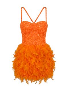 Material: Polyester, Cotton Feathers & Sequins detail Delicate dry clean Protect accessory before washing Cool iron Sample size S Our Style No. ZC_ANSA Sequin Bustier, Designer Party Dresses, Burnt Orange Dress, Sequin Dresses, Sequin Sleeve, Orange Design, Feather Trim, Short Prom Dress, Dress Orange