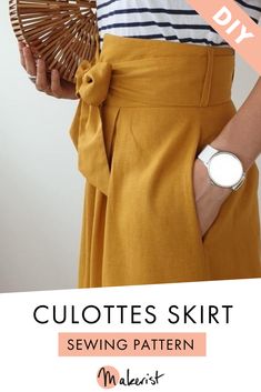 a woman wearing a yellow skirt and holding a fan with the words culotes skirt sewing pattern on it