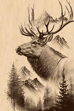 a drawing of an elk with mountains in the background