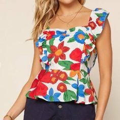 Fun Print With Gorgeous Colors! The Flutter Straps And Stretchy Waist Make It The Perfect Summer Top. Light Weight True To Size. Printed Peplum Top, The Picnic, Bohemian Tops, Orange Blouse, Floral Peplum, Peplum Blouse, Black Lace Tops, Peplum Hem, Fashion Wishlist