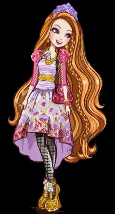 a drawing of a girl with long red hair wearing a purple dress and yellow boots