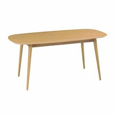 a wooden table with two legs and a long oval shaped top, against a white background