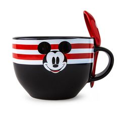 PRICES MAY VARY. MAKE MINE MICKEY: What better way to start the day? Mickey Mouse is here to make your mornings just a little more swell on this exclusive soup mug. Whether you need coffee, cereal, or some warm oatmeal, this mouse can provide. LOOK WHO'S COOKING: Sample all the finest flavors in the Magic Kingdom with this generously sized soup mug. This black cup with red-striped accents features a classic Mickey design alongside a matching red spoon (which might hide a hidden Mickey). SHARE A Cereal Oatmeal, Mickey Mouse Design, Disney Mugs, Hidden Mickey, Ceramic Spoons, Soup Mugs, Disney Collectables, Soup Bowls, Office Parties