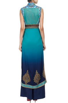 Turquoise and blue kurta set – Panache Haute Couture Blue Kurta, Curated Outfit, Add Sleeves, Metal Lace, Anarkali Suits, Kurta Set, Blue Ombre, Lace Edging, Floral Motifs