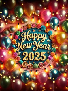 a happy new year card with balloons and confetti in the center, surrounded by lights