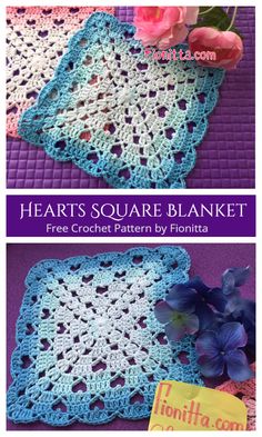 two crocheted squares with flowers on top and the words hearts square blanket written in white