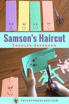 someone is cutting out paper with scissors and glue to make an adorable haircut for their toddler