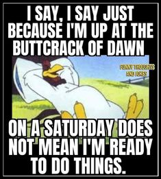 an image of a cartoon duck with the caption i say, i say just because i'm up at the buttback of dawn on a saturday does not mean i'm ready to do things