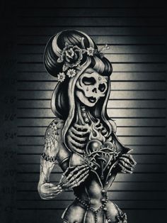 a drawing of a woman holding a skull in her hand and wearing a skeleton headdress