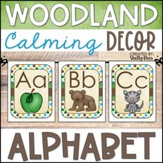 a poster with the words woodland calming decor and an image of animals, letters, and numbers