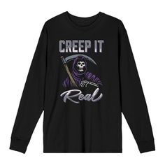 Creep it real with this apparel featuring a big, bold graphic of the Grim Reaper and the punny phrase, “Creep It Real”—an eye-catching and humorous image that has been professionally printed for long-lasting print quality. Thoughtfully designed for comfort and style, this apparel is made of high-quality materials that make it perfect for all-day, everyday wear. And when it’s time for cleaning, simply machine wash it cold and tumble dry on low for effortless care. Creep It Real, The Grim Reaper, Black Shorts Men, Sleeve Packaging, The Grim, Grim Reaper, Crew Neck Tee, Black Media, Black Tshirt