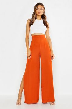 Pantalon coupe large fendu sur les côtés aspect lin | Boohoo Bas Large, Look Jean, Printed Palazzo Pants, Orange Pants, Basic Tee, Side Split, Palazzo Pants, New Season