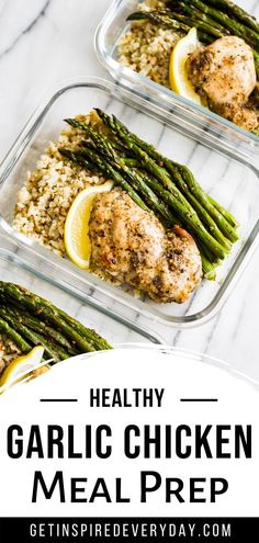 three glass containers filled with chicken and asparagus on top of a white counter