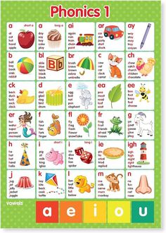 a poster with the words phonics 1 and an image of animals, letters, and