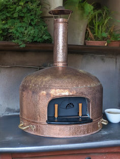 an outdoor wood burning stove with potted plants in the background