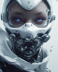 a woman with blue eyes wearing a futuristic helmet