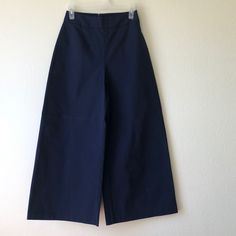 Brand New, Tag Still Attached Feature Back Zipper, Two Side Pockets Measurements: Length 36.5”, Waist: 13”, Hip 19” Leg Width: 13” Navy Wide Leg Bottoms For Spring, Navy Wide-leg Pants For Spring, Navy Wide-leg Spring Pants, Blue Wide-leg Culottes For Spring, Navy Pants For Spring Workwear, Fitted Cotton Culottes Casual Style, Navy Wide Leg Pants For Spring, Fitted Cotton Culottes In Casual Style, Casual Cotton Culottes