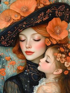 two women with red hair and orange flowers on their heads, one is wearing a black hat