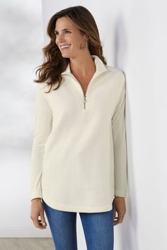 Lavish comfort in plush Sherpa fleece at the front and back body, with contrast rib-knit at the mock neck and dropped sleeves. Partial zip placket and curved hem. Linen Wrap Top, Raven Dress, Athena Dresses, Tencel Dress, Wrap Tunic, Gauze Tunic, Gauze Pants, Gauze Shirt, Turtleneck Tunic