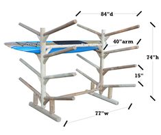 a surfboard rack is shown with measurements for the top and bottom boards on it