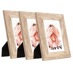 three wooden frames with two pictures on the front and one is holding their hands to their face