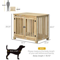 a dog crate with measurements for the size and height, including its front door open