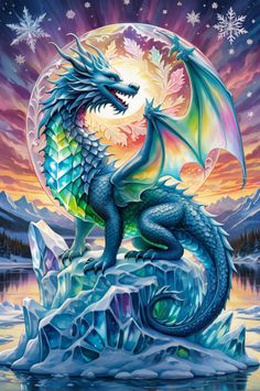 a painting of a dragon sitting on top of an iceberg with snowflakes in the background