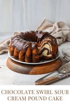 a chocolate swirl sour cream pound cake on a plate