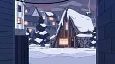 a cartoon house in the middle of a snowy town