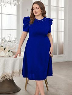 Plus Size Women Summer Elegant Illusion Pearl Decor Round Neck Short Bubble Sleeve Dress Maxi Women Outfit Royal Blue Elegant  Short Sleeve Fabric Colorblock,Plain A Line Slight Stretch  Women Plus Clothing, size features are:Bust: ,Length: ,Sleeve Length: Plus Size Wedding Guest Dress, Sophisticated Cocktail Dress, Plus Size Wedding Guest Dresses, Plus Size Chic, Summer Elegant, Pearl Decor, Royal Blue Dresses, Guest Dress, Plus Size Wedding