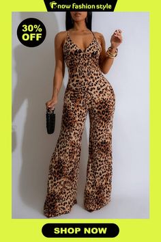 Elegant Leopard Bandage Patchwork Backless Halter Loose Jumpsuits Chic Sleeveless Leopard Print Jumpsuit, Sleeveless Leopard Print Jumpsuit For Summer, Sleeveless Leopard Print Jumpsuits And Rompers For Summer, Chic Leopard Print Jumpsuits And Rompers For Party, Chic Leopard Print Jumpsuits For Night Out, Chic Leopard Print Jumpsuits And Rompers For Night Out, Summer Party Leopard Print Bodysuit, Casual Leopard Print Jumpsuits And Rompers For Party, Chic Fitted Leopard Print Jumpsuits And Rompers