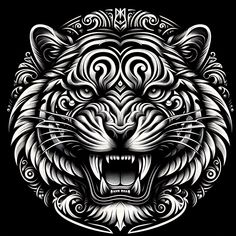 a tiger's head with an intricate pattern on the front and side, in black and white