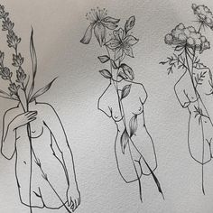 three drawings of women with flowers in their hands and one woman holding a flower behind her back