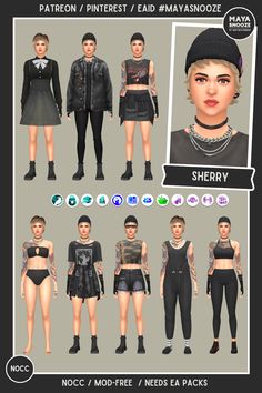 an image of some people in different outfits and hair styles, all wearing black clothing