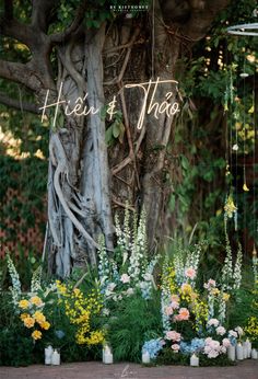 an outdoor wedding with flowers and greenery in the foreground, hanging from a tree