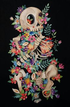 a painting of a skeleton and flowers on a black background with the word love written in it