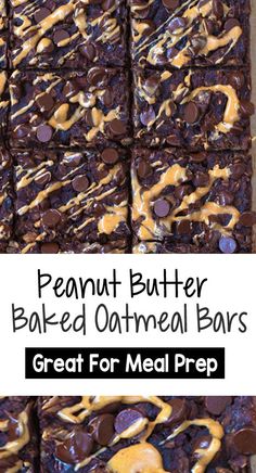 peanut butter baked oatmeal bars with chocolate and caramel drizzle