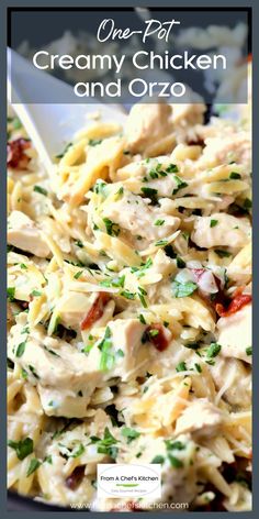 creamy chicken and orzo pasta in a skillet with the title overlay that reads, one pot creamy chicken and orzo