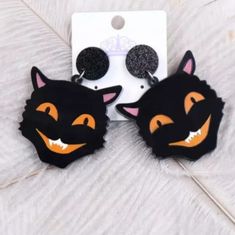 Acrylic Black Cat Earrings Black Cat Ears Earrings For Halloween, Black Halloween Jewelry With Cat Ears, Black Cat Design Earrings For Halloween, Cute Black Cat Design Earrings, Black Cat Ears Earrings For Party, Cute Black Party Earrings, Fun Black Earrings, Black Cat Earrings, Pierced Jewelry