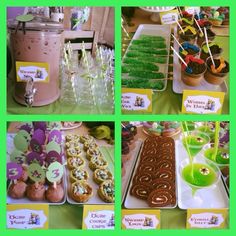 a collage of pictures showing different foods and desserts on display at a birthday party