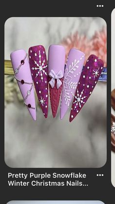 Christmas Nails Step By Step Design, Pink And Purple Christmas Nails, Christmas Nail Designs Snowflakes, Lavender Christmas Nails, Pink Christmas Nail Art, Purple Sweater Nails, Gorgeous Nails Winter, Neon Christmas Nails, Purple Snowflake Nails