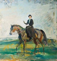 a painting of a man riding on the back of a brown horse in a field