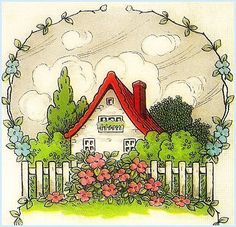 a drawing of a house surrounded by trees and flowers