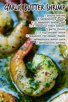 the recipe for garlic butter shrimp is shown