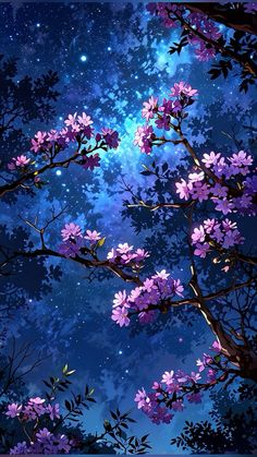 the night sky is filled with stars and purple flowers