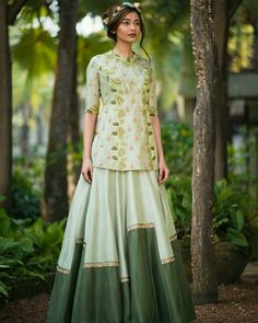 Short Kurti With Lehenga, Kurti With Lehenga, Olive Green Lehenga, Casual Blouse Designs, Thread Work Embroidery, Bridal Lehenga Collection, Short Kurti, Designer Bridal Lehenga