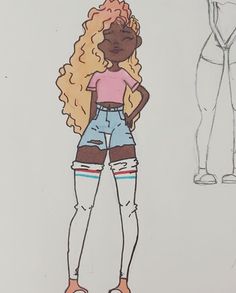 a drawing of a girl with blonde hair and blue denim shorts standing next to a mannequin